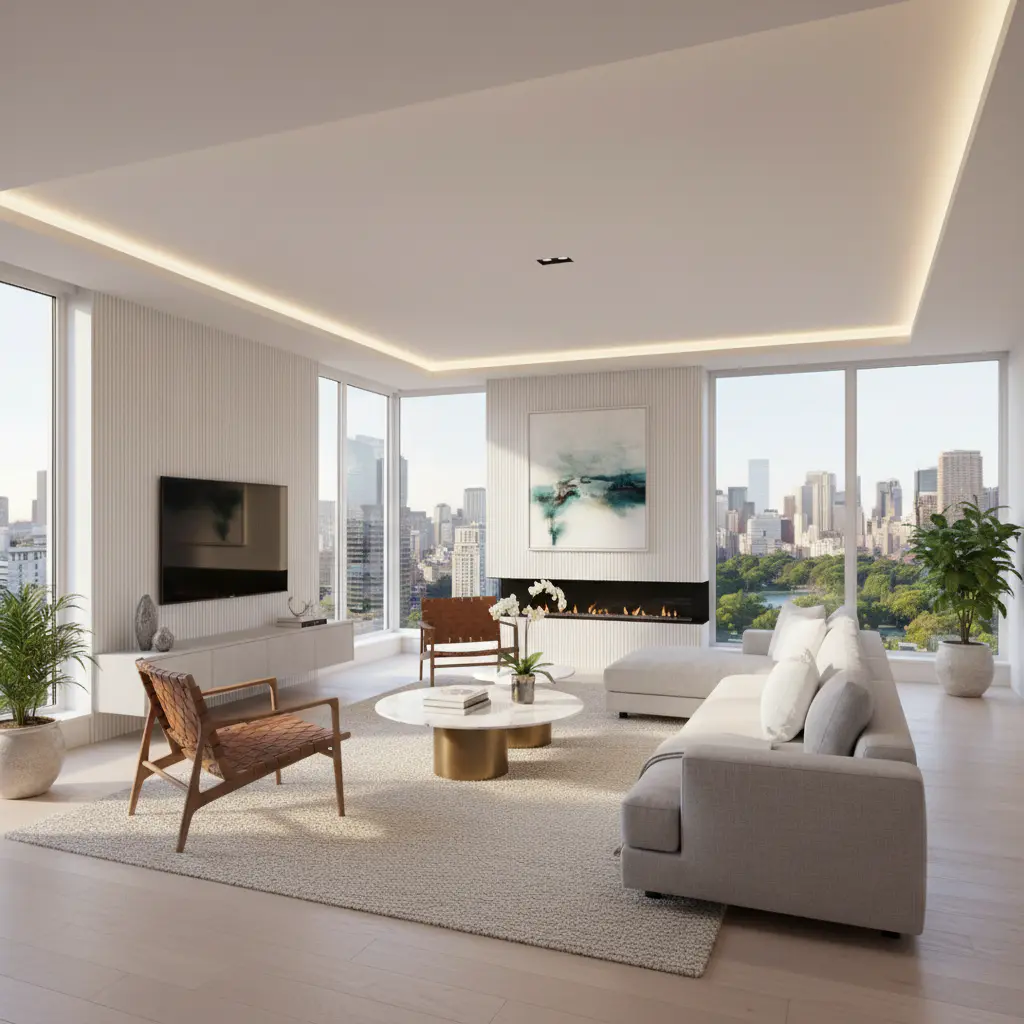 Bright and spacious modern living room, sunlit and sparkling clean